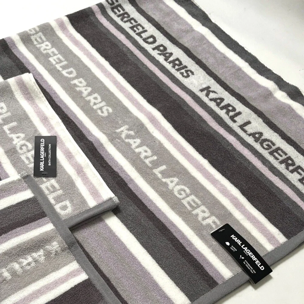 Karl Lagerfeld 2pc Cotton Bath & Hand Towel Set Gray Lavender White NWT
